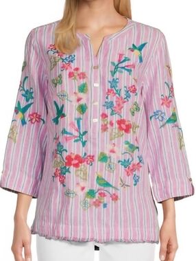 John Mark Pink Striped Tunic with Multicolor Floral & Bird Embroidery